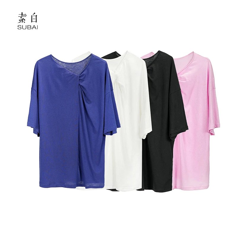 素白纯色松弛【节节高升】T01589针织扭结时尚宽松显瘦百搭韩版T恤