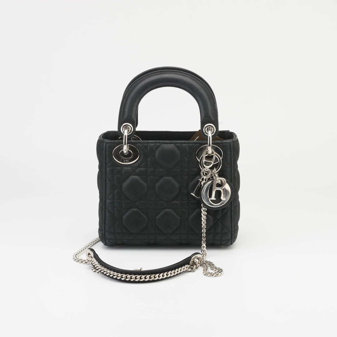 95新 DIOR/迪奥 (科技布材质)黑银三格戴妃包2277