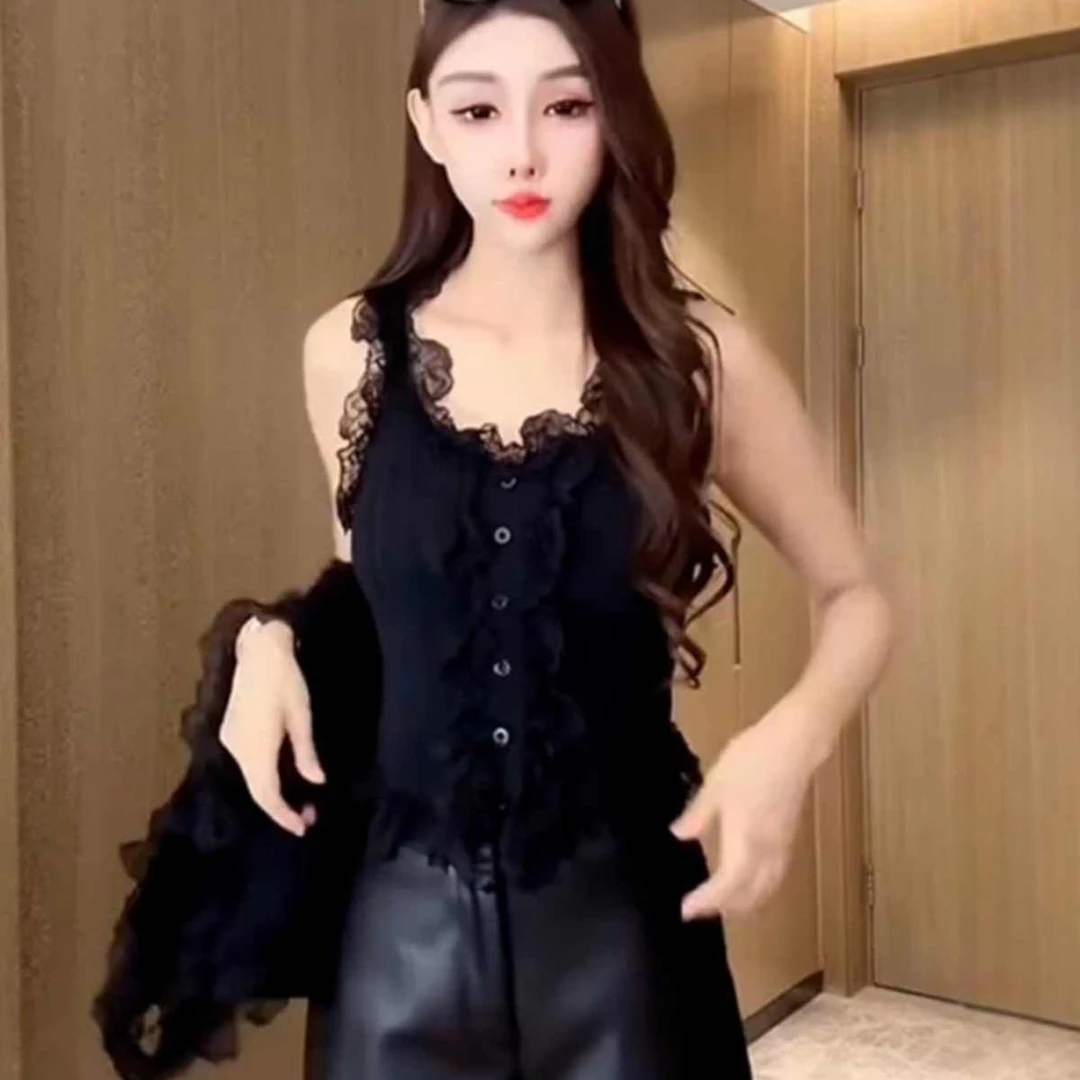 甜辣妹蕾丝吊带背心女夏季内搭法式短款外穿打底黑色无袖花边上衣