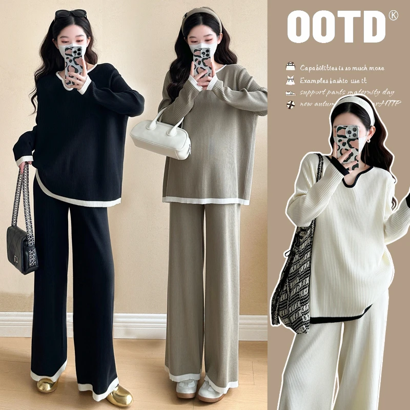 时尚孕妈春季新款孕妈大码V领撞色拼接针织慵懒气质时尚宽松套装