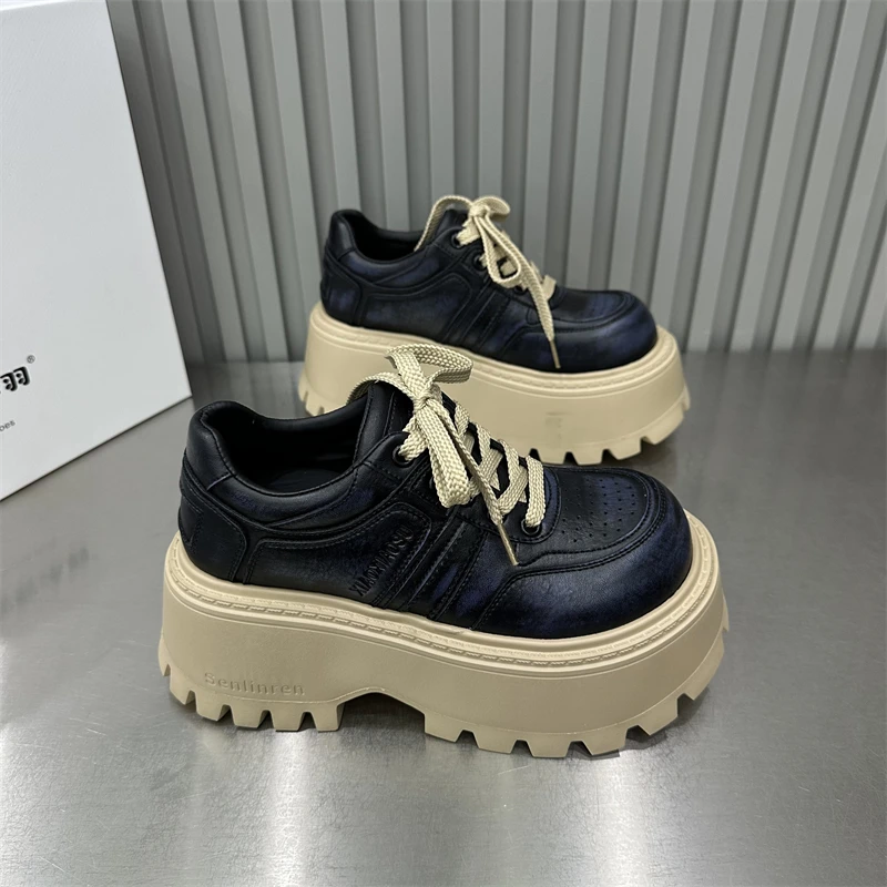 女士时尚百搭黑色复古小众厚底英伦风圆头系带秋季新款高定潮流鞋