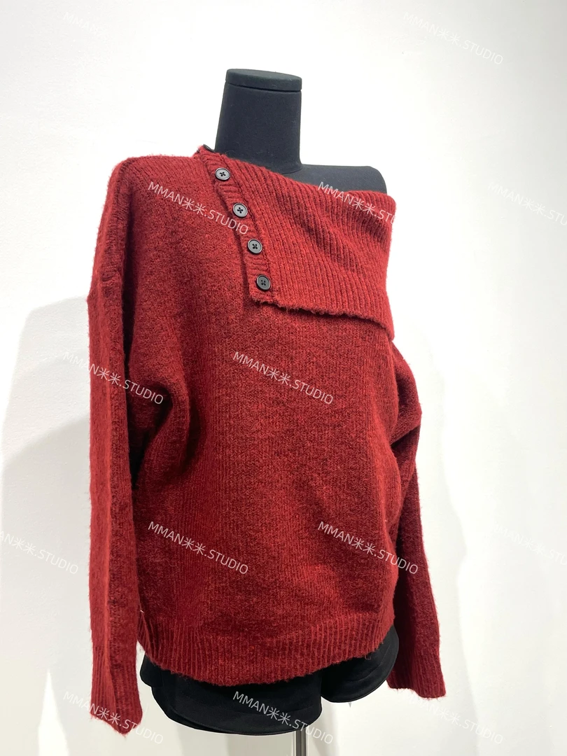 【MMAN米米】新年限定 红酒翻领一字肩宽松韩系毛衣 出片必备