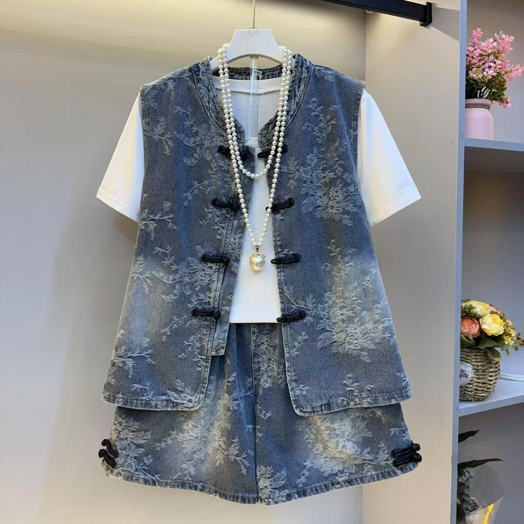 时尚大码女装休闲高级感盘扣牛仔马甲短裤洋气套装