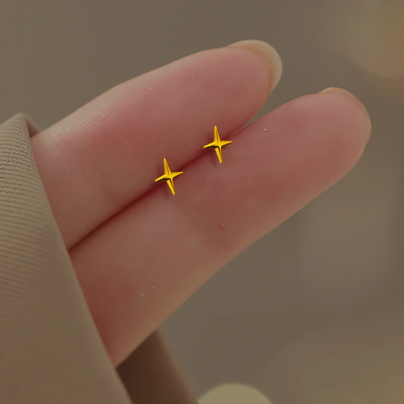 足银耳饰 黄金色999纯银四芒星耳钉迷你小巧轻奢高级感养耳洞耳环