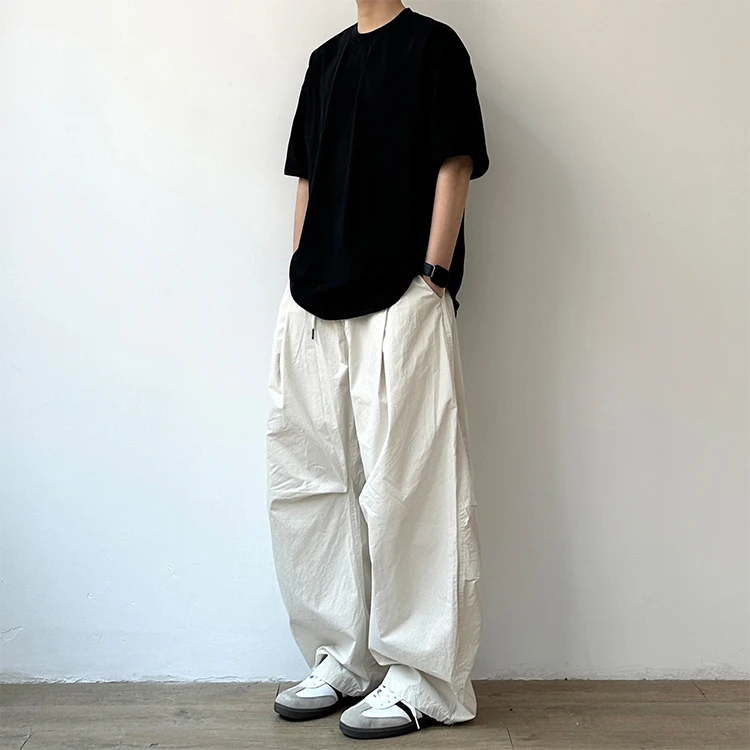 日系百搭潮流潮男士宽松直筒阔腿裤弯刀打褶休闲裤薄款免烫春秋季