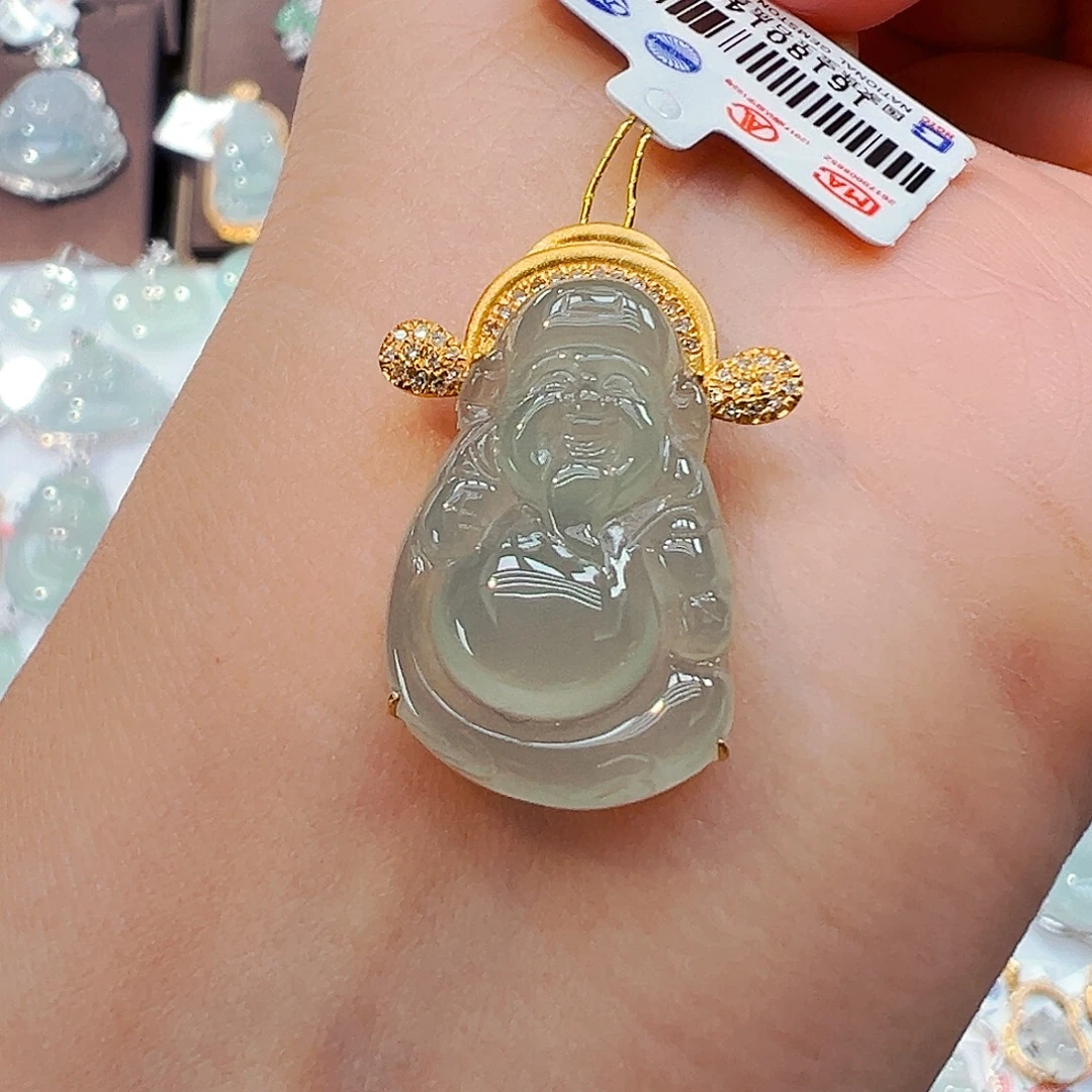 翡翠18K金镶嵌吊坠(不含链)财神爷