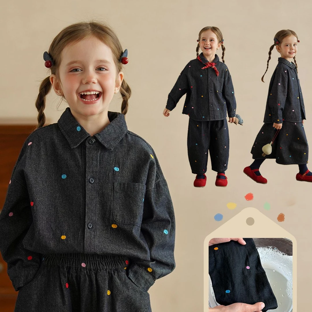 砚台家童装女童保色牛仔套装儿童秋冬加绒长袖衬衫牛仔裤女宝秋季