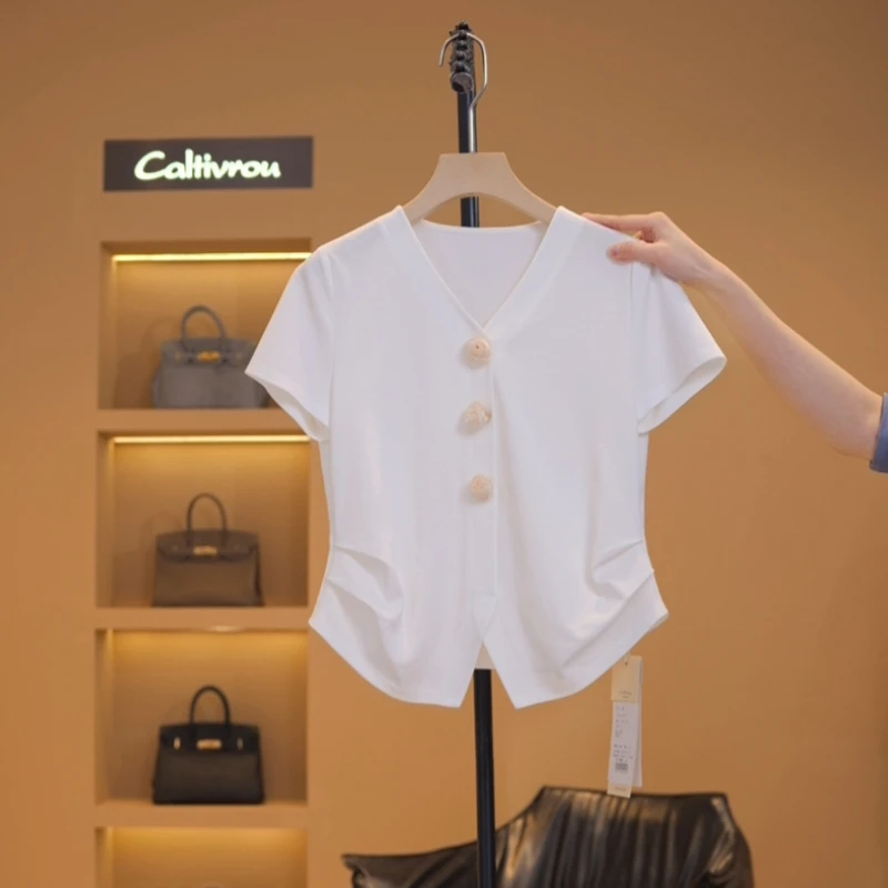 JIUJIU修身正肩短袖t恤女设计感小众时尚洋气褶皱收腰上衣Y15537