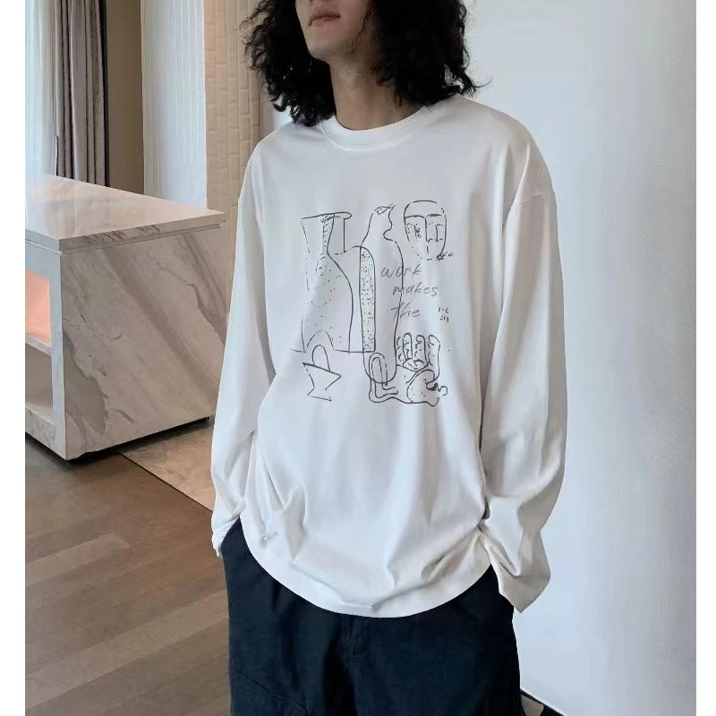 100%纯棉美式秋季白色圆领印花字母休闲百搭长袖T恤情侣打底上衣