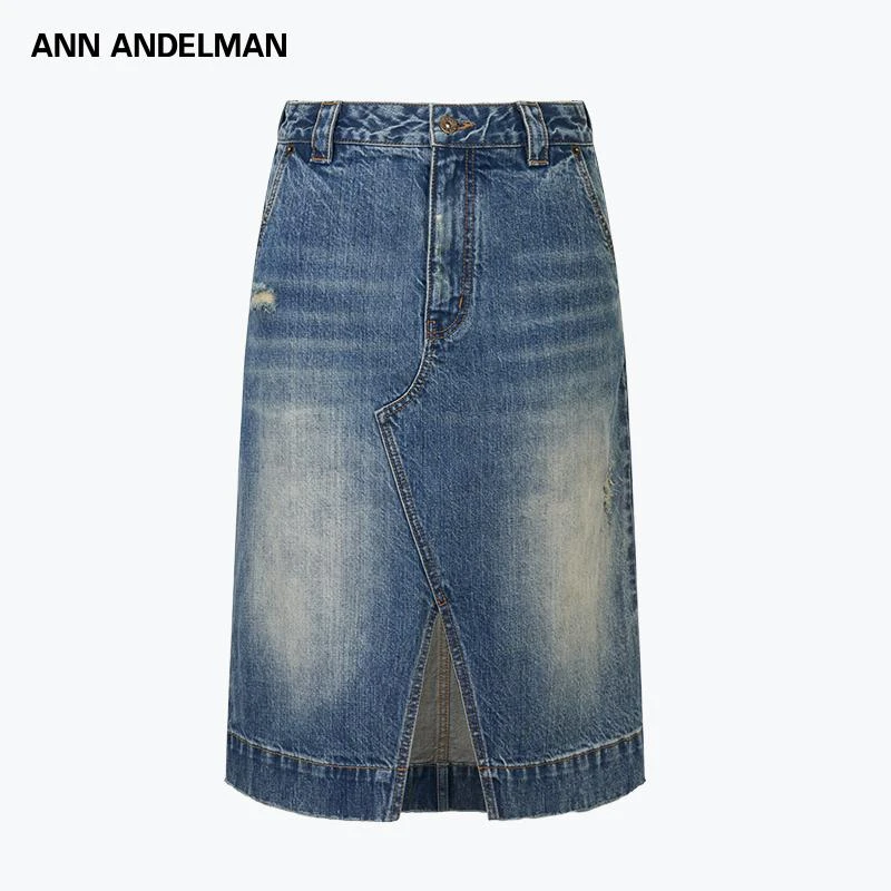 ANN ANDELMAN 25新款中长款半身裙不规则设计感水洗做旧牛仔半裙