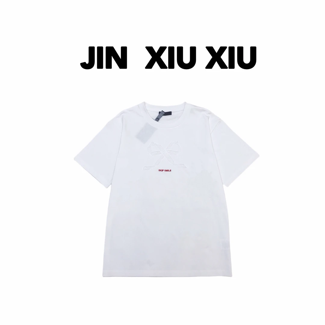 JINXIUXIU夏季新款镂空蕾丝蝴蝶结韩系甜美圆领纯色短袖T恤284