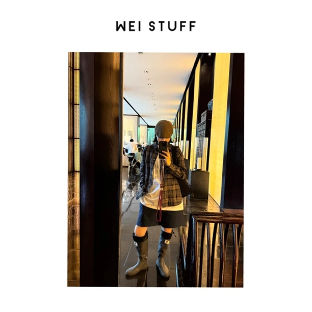 WEI STUFF 春季100亚麻慵懒松弛复古格子宽松休闲翻领衬衫 8735.