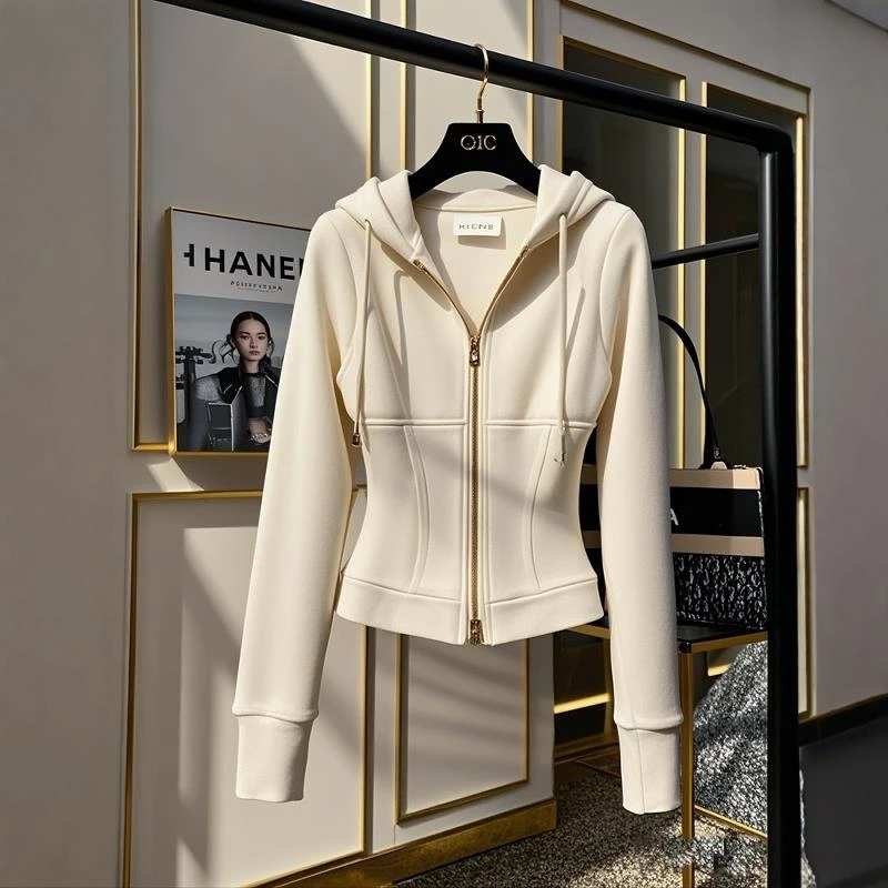 今年流行爆款独特超好看气质收腰米白色加绒加厚卫衣短款外套女冬