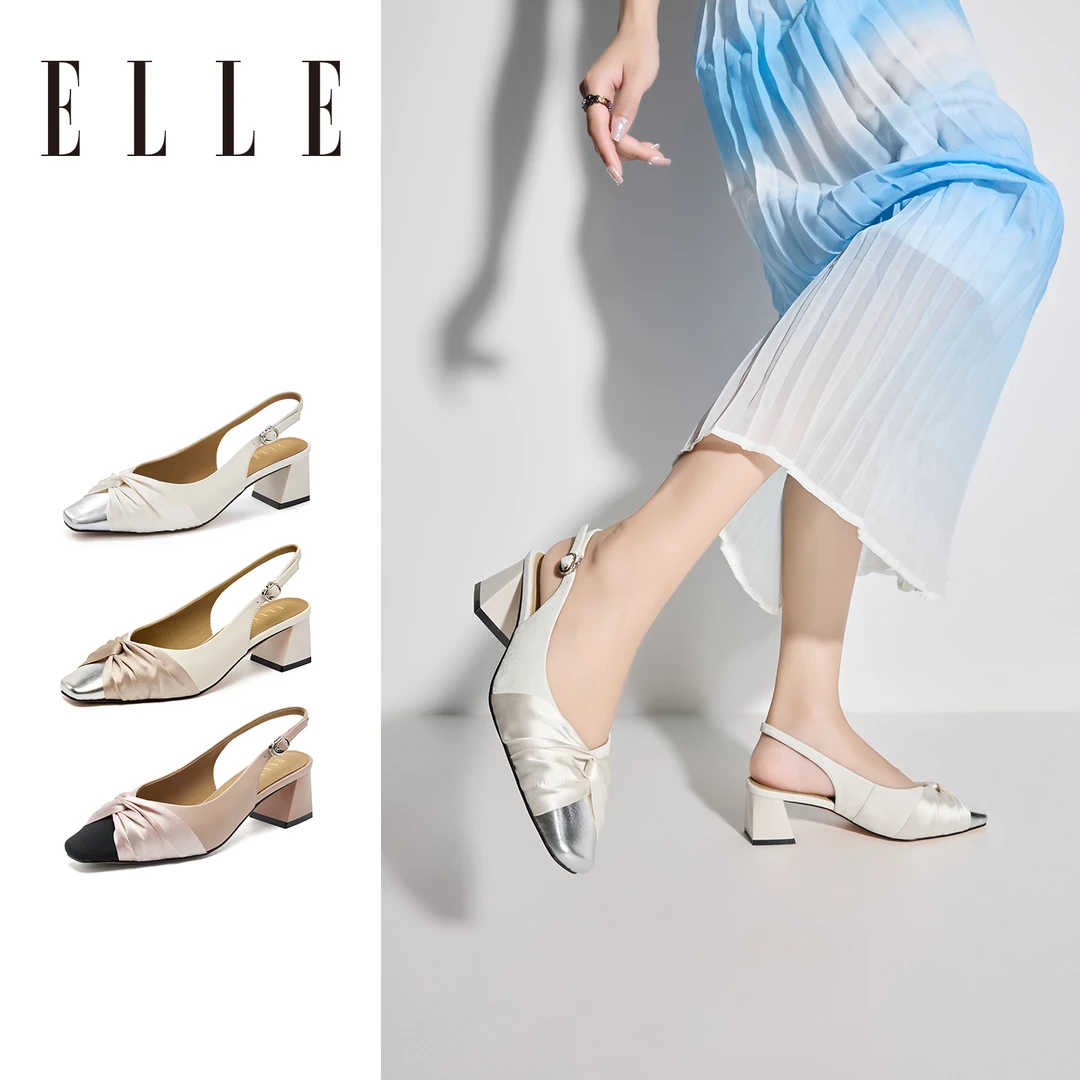 ELLE羊皮小香风绸缎蝴蝶结包头凉鞋女配裙子方头拼接气质粗跟单鞋