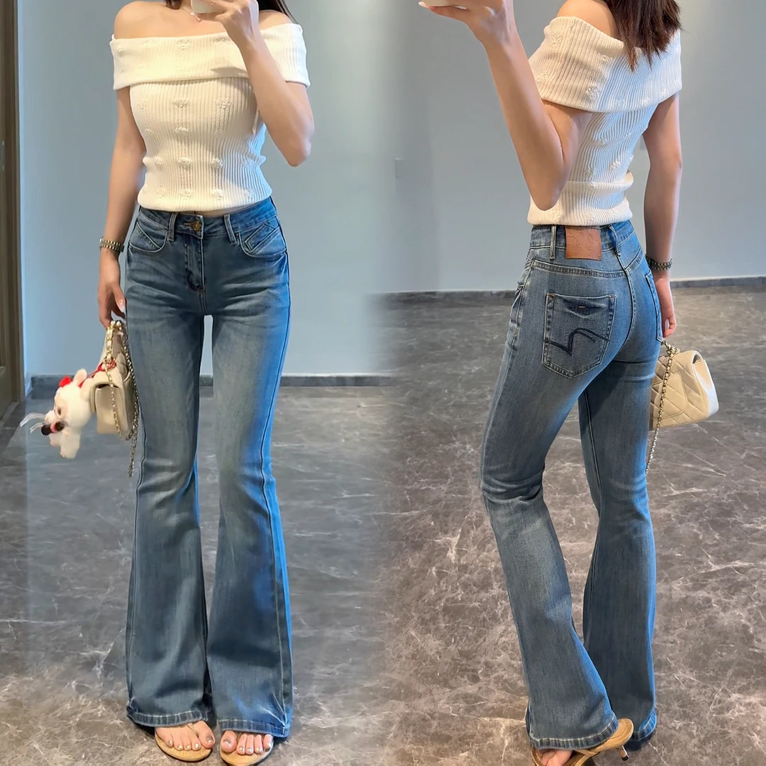 小鱼故事 夏季薄款高腰弹力微喇牛仔裤辣妹修身显瘦时尚拖地裤女