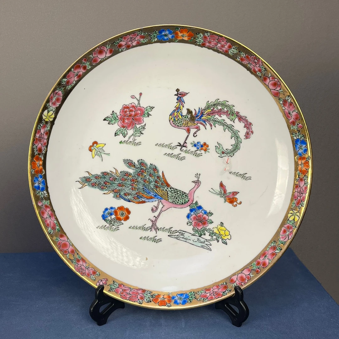 【微瑕慎拍】p63景德镇老厂瓷孔雀图系列赏盘