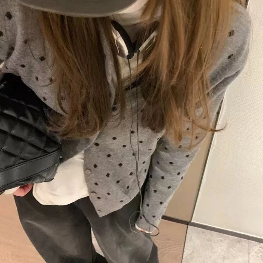 秋款波点罩衫针织简约撞色弹力T长袖新款外套上衣百搭韩系显瘦