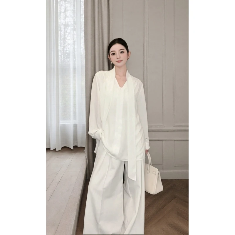 白色v领飘带衬衫女装夏季薄款设计感小众中长款上衣