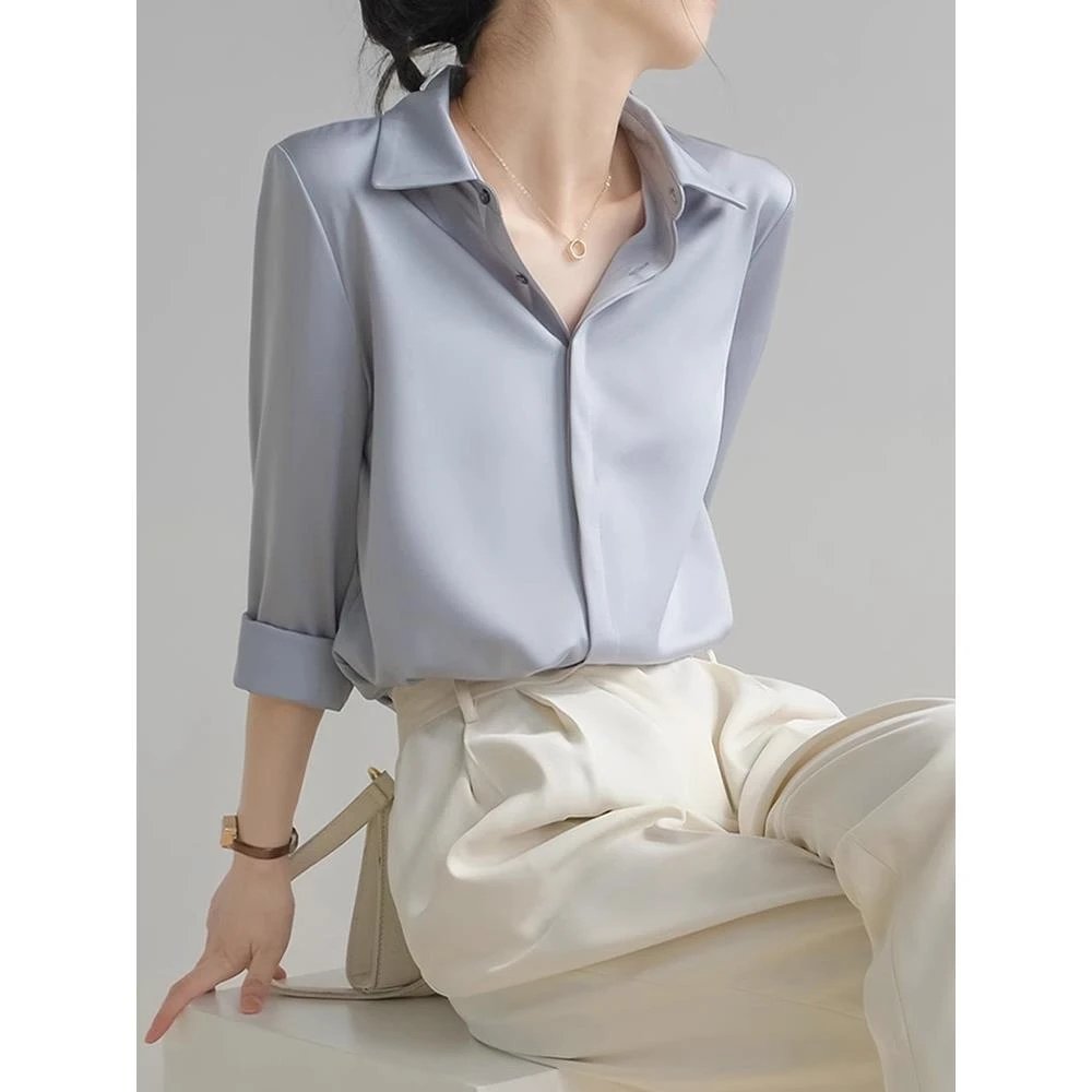 2025春秋新款轻奢灰蓝色醋酸缎面衬衫女长袖气质垂感面试职业衬衣