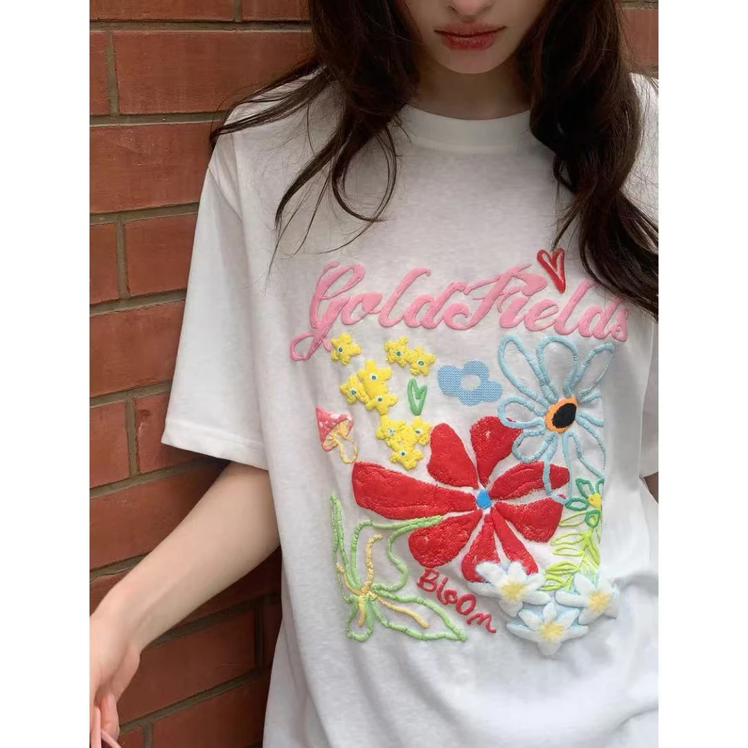 【ZHAP】新款白色印花雪花棉落肩短袖t恤女夏季甜辣风修身百搭上衣