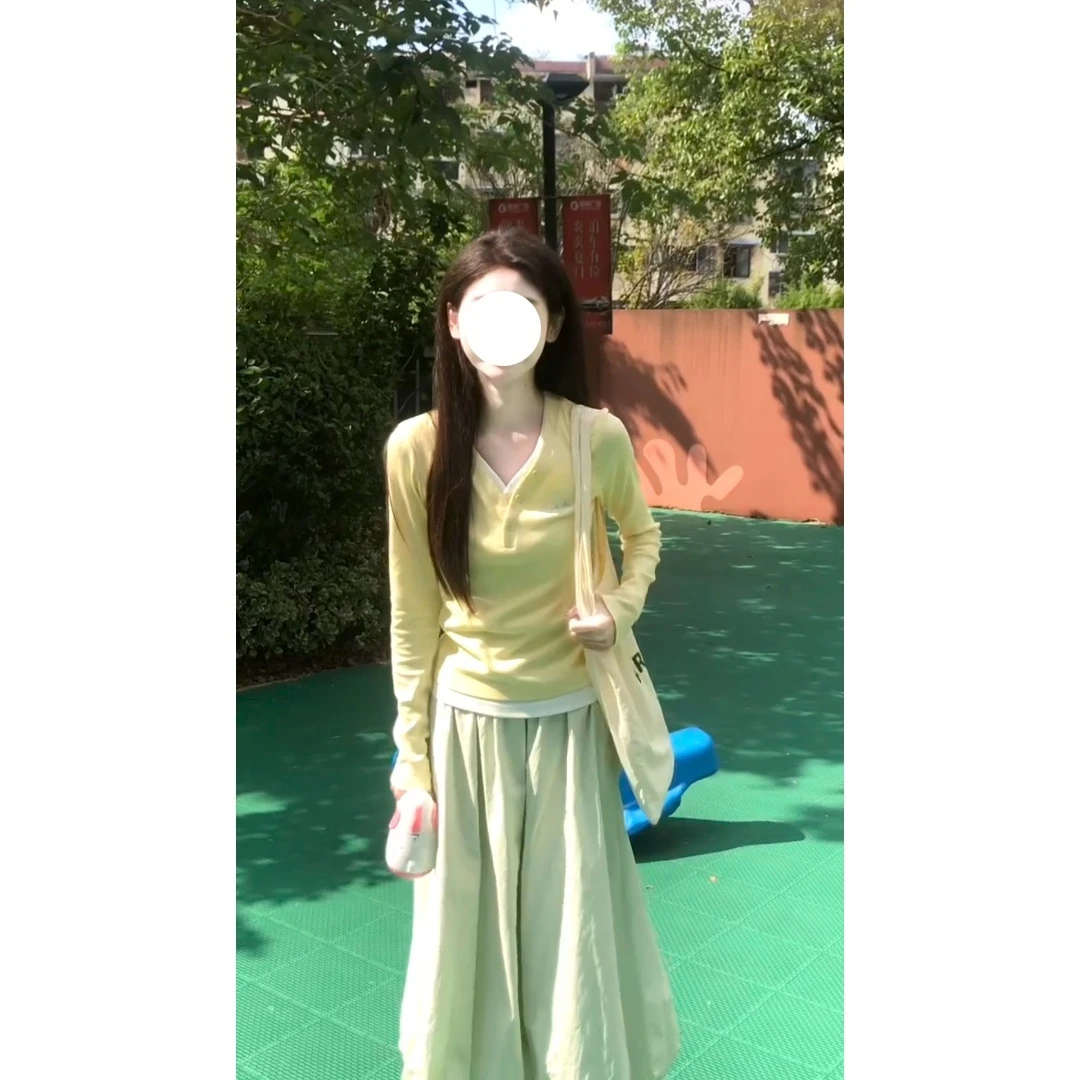 MARIE.COCO休闲通勤风套装早秋季设计感假两件长袖上衣高腰半身裙