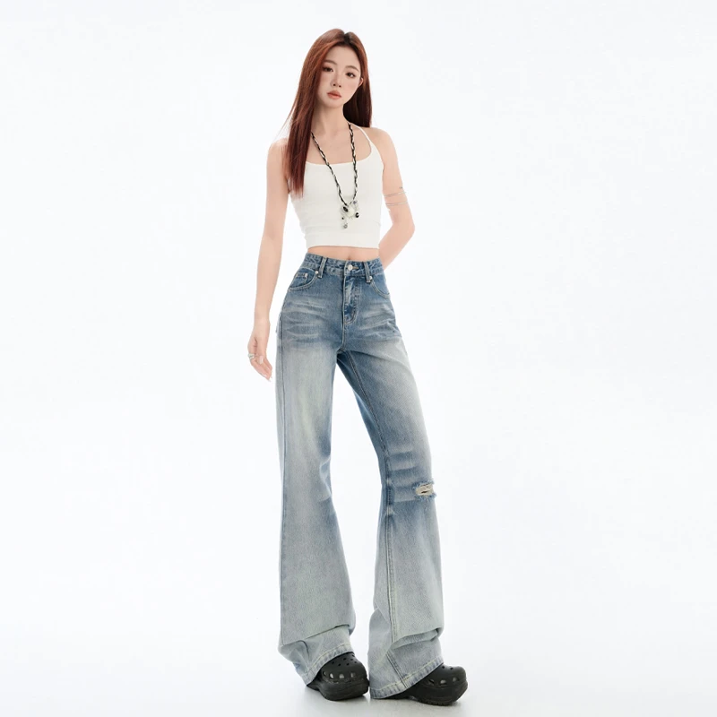 浅蓝水洗破洞微喇叭牛仔裤女2025春夏新款复古高腰显瘦拖地马蹄裤