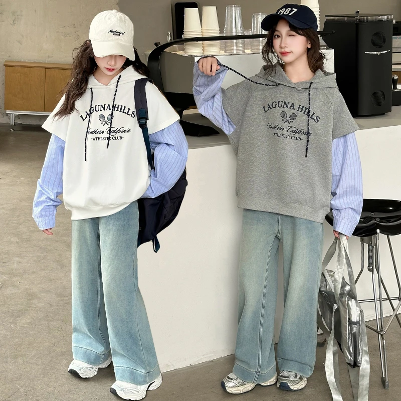 女童洋气连帽卫衣套装时髦2025春秋装女孩牛仔裤阔腿裤两件套学生