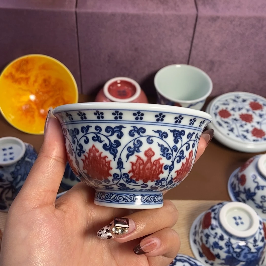 陶阳春白雪釉里红缠枝莲大压手杯