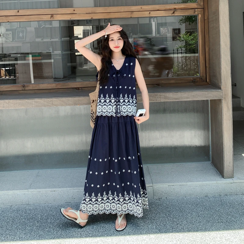 2025夏季新款套装女波西米亚风刺绣V领背心上衣高腰半身裙两件套