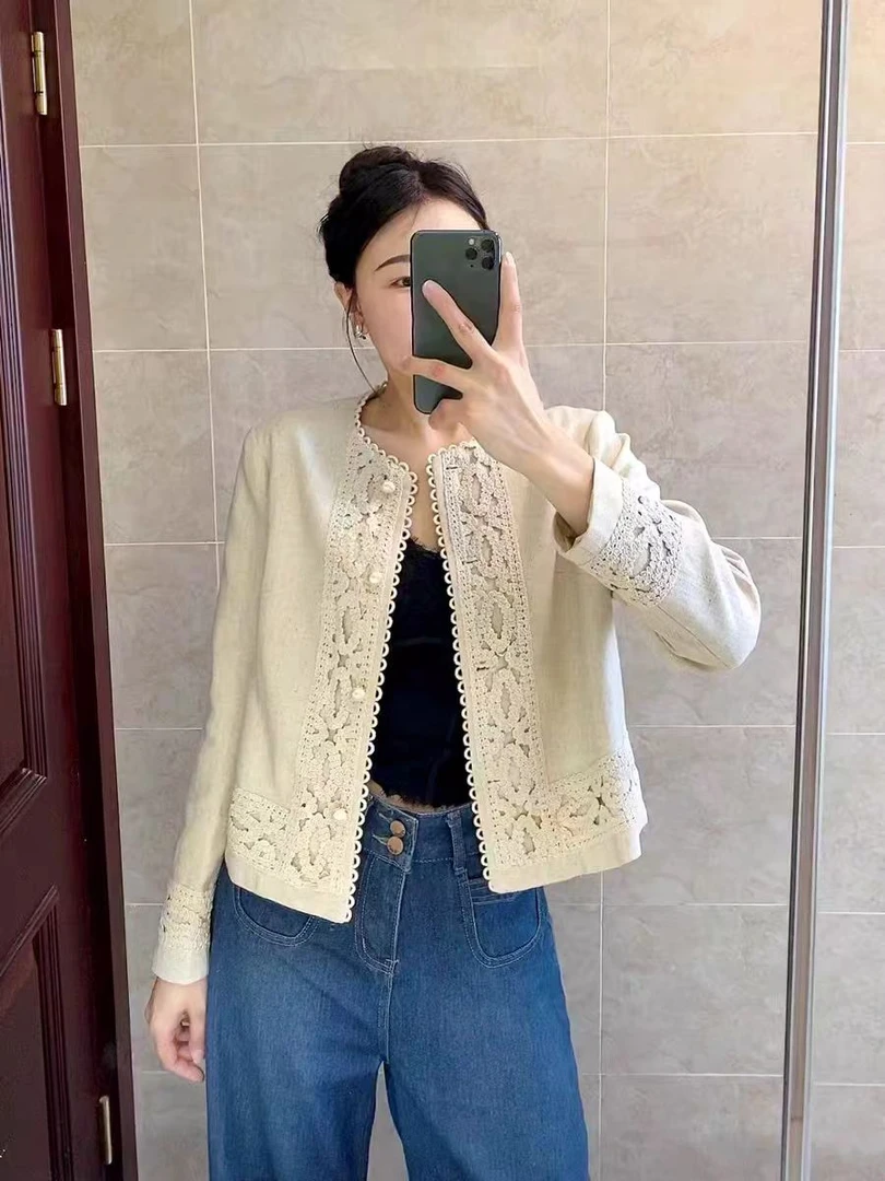 色织单排扣厚款女圆领常规短外套上衣小香风新中式9386