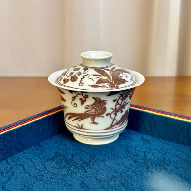 冯公窑 釉里红锦鸡瓜果纹马蹄盖碗140毫升