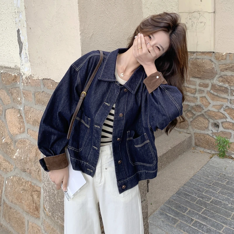 蓝色复古拼接牛仔短款外套女2025秋季新款小个子韩系休闲夹克上衣