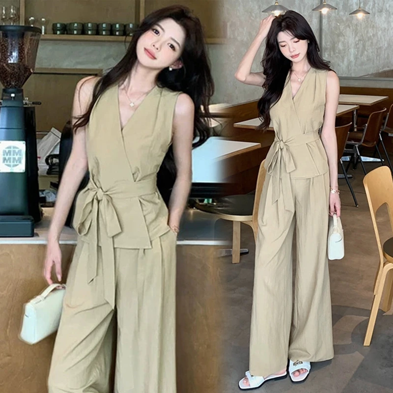 夏日绝美穿搭2025韩系高级感背心衬衫阔腿裤气质显瘦夏季两件套