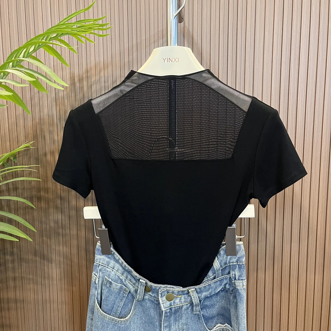 螺纹一片式半高领网纱短袖T恤女蕾丝针织百搭夏季黑色修身打底衫