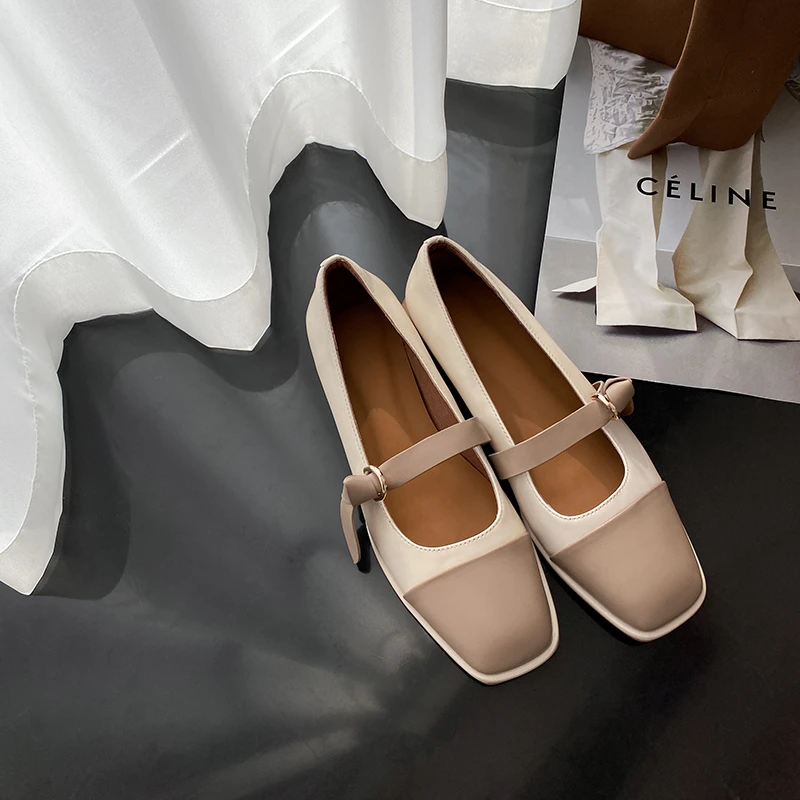 145/3cm牛皮玛丽珍鞋拼色方头时尚日式单鞋粗跟浅口真皮