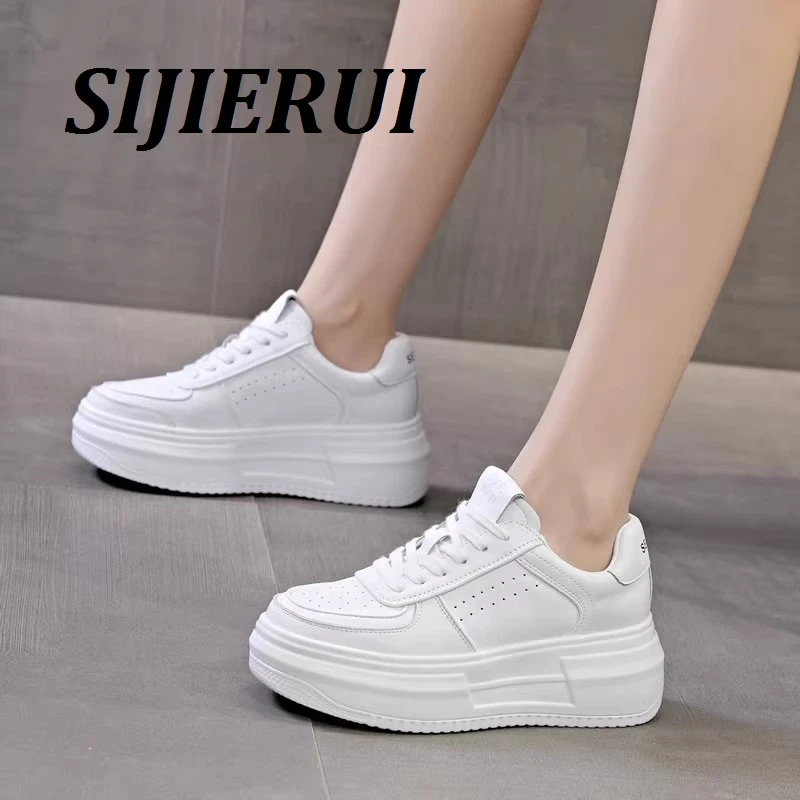 SIJIERUI厚底小白鞋女2025年春夏新款真皮透气百搭网面休闲运动鞋