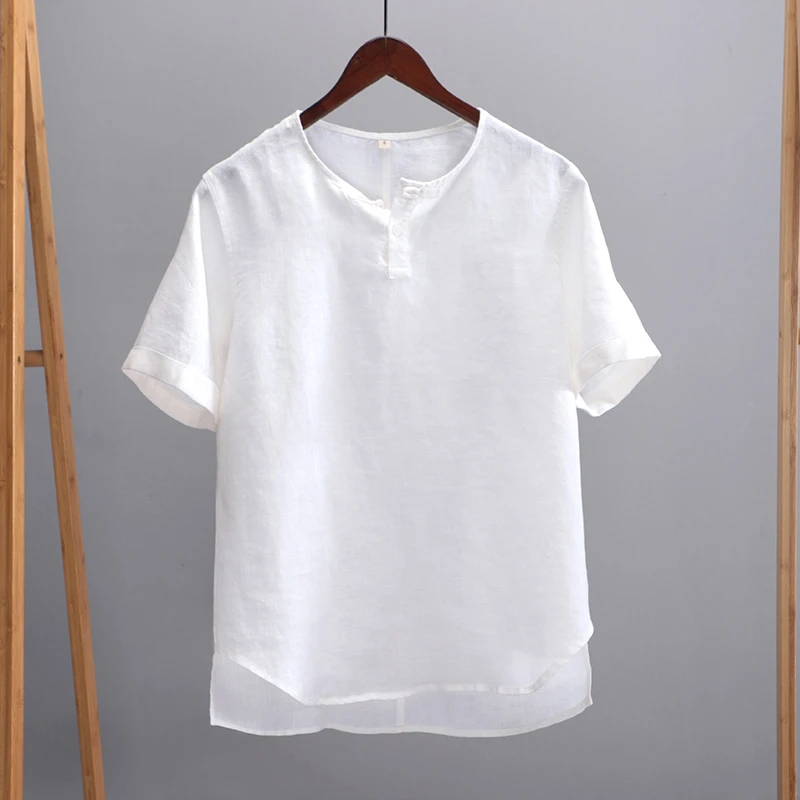 DeweLvum夏季麻料透气舒适短袖T恤衫男盘扣宽松休闲半袖上衣男装