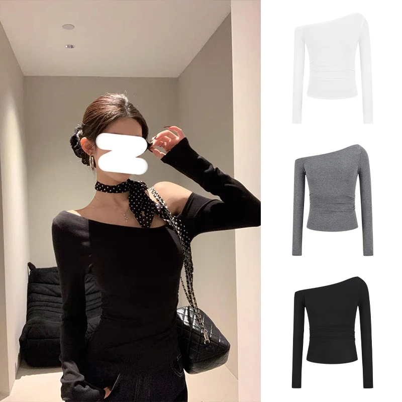 Moses Queen/魔西女王性感斜肩露肩长袖T恤女收腰显瘦上衣打底衫