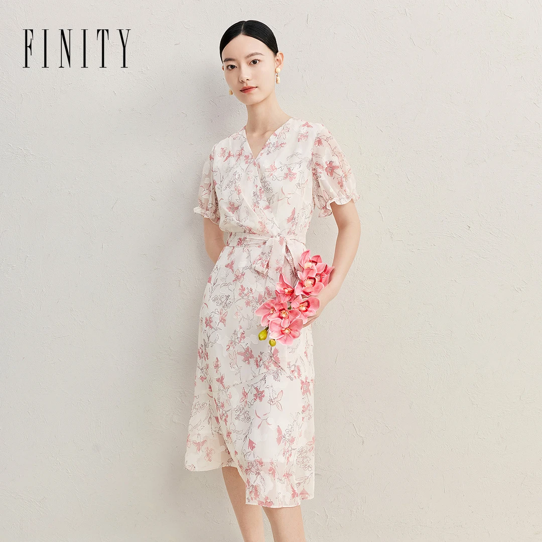 FINITY 连衣裙25年夏季新款简约优雅V领气质印花裙子 F21Y4A26L3