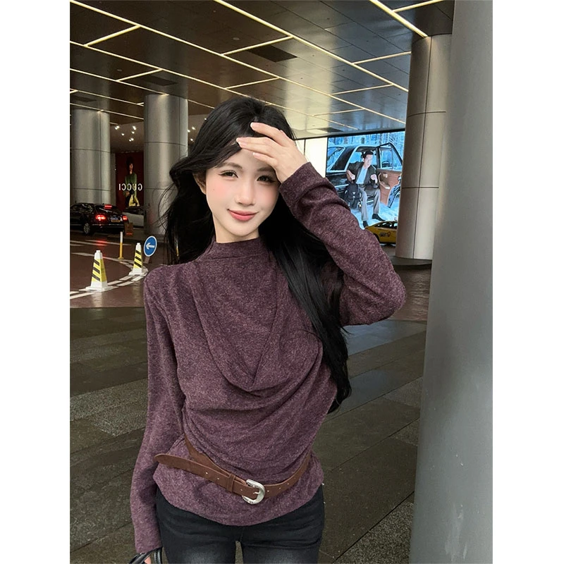 2025秋冬季新款辣妹荡领挂脖紫色针织衫假两件抽褶洋气上衣配裤子