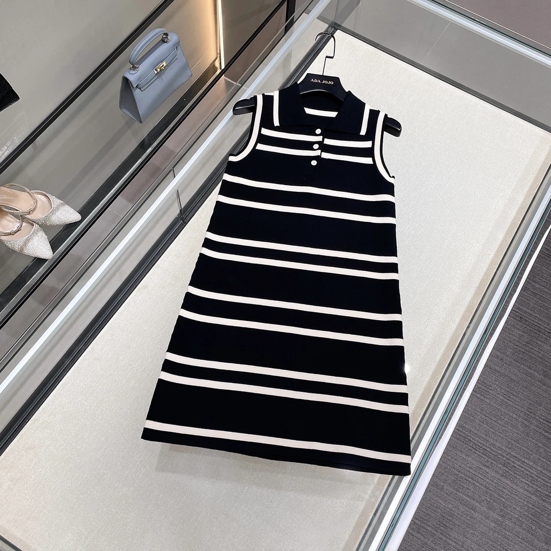 现货简约条纹polo领无袖针织裙夏季新款小个子连衣裙DY4032