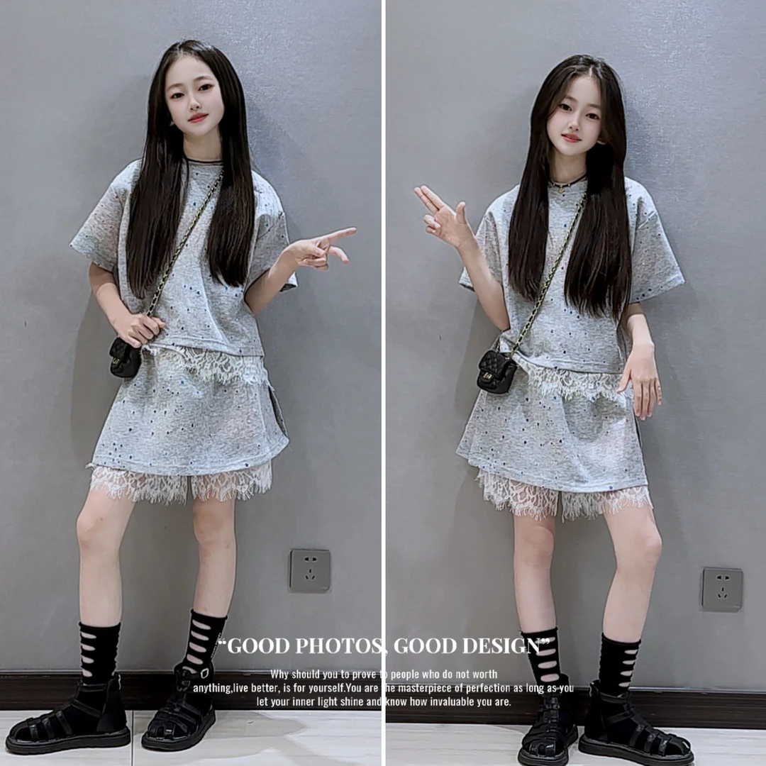 女童套装夏装2025新款儿童洋气短袖T恤大童女孩蕾丝半身裙两件套