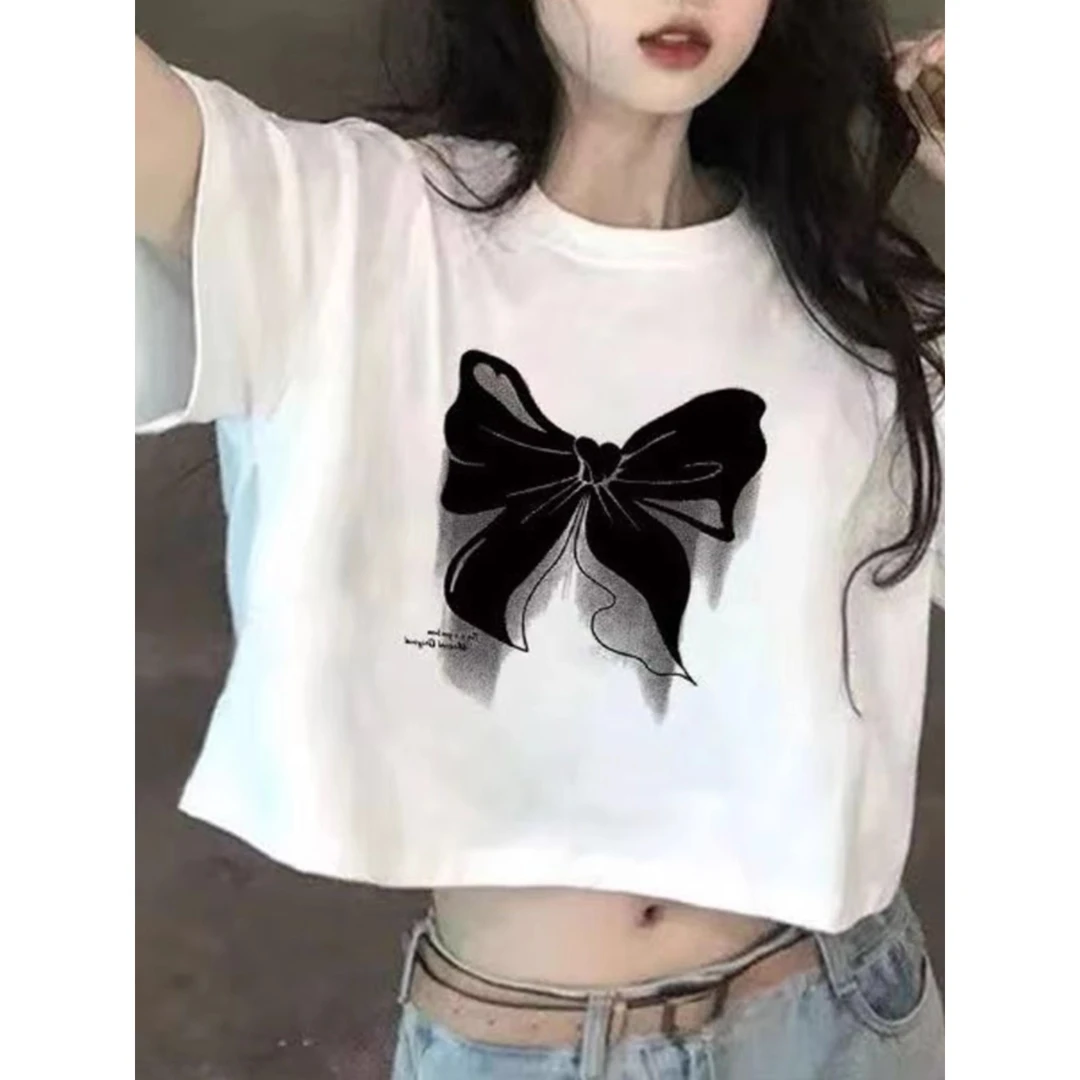 2025新款夏季白色正肩短袖t恤女宽松短款高腰露肚脐小个子显瘦上