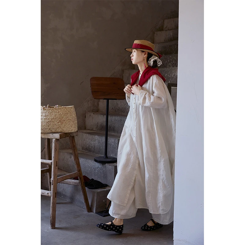 秋季新款文艺复古原创白色亚麻轻盈长款衬衫亲肤宽松禅意中式白袍