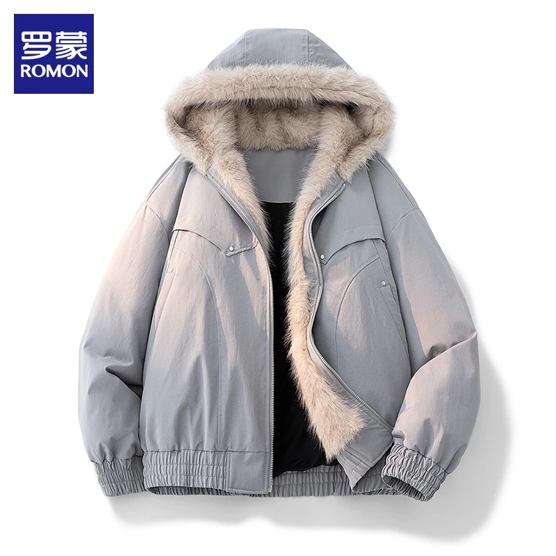 罗蒙座山雕棉服男士冬季新款毛领连帽美式休闲加厚保暖外套男装