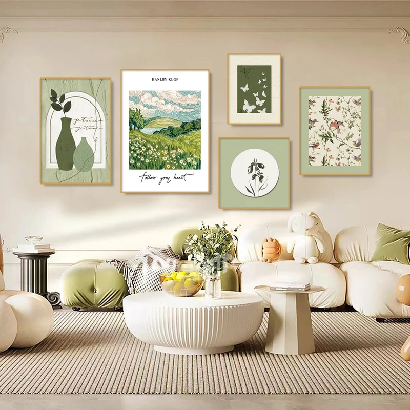 绿色客厅装饰画组合画艺术奶油风现代轻奢沙发背景墙壁画五联