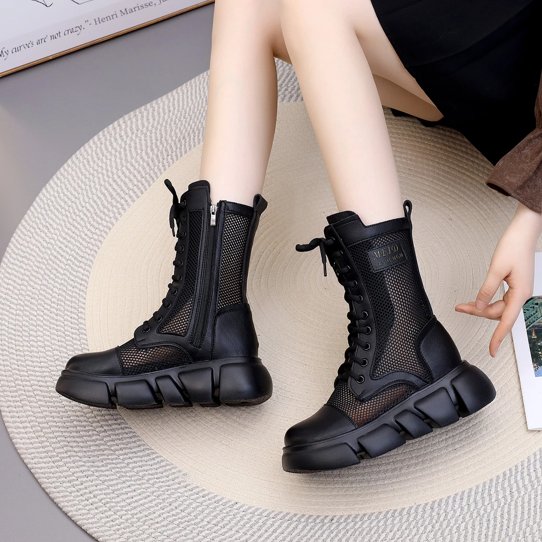 真皮厚底镂空透气马丁靴女2025年夏新款百搭网纱平底短靴中筒凉靴