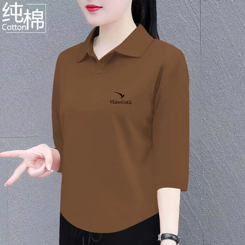 纯棉七分袖t恤女夏季新款翻领百搭宽松显瘦时尚洋polo领上衣