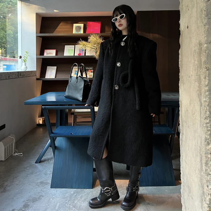 GUAGUA小众欧货纳塞斯秋冬黑色毛呢大衣外套买手店设计款35886