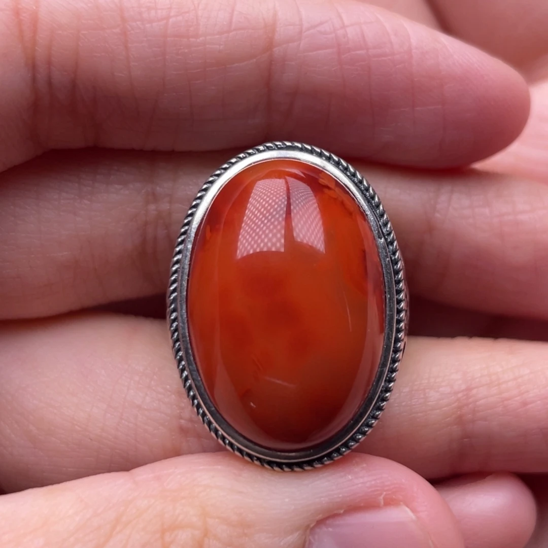 南红玛瑙银S925镶嵌珠宝奇石戒指